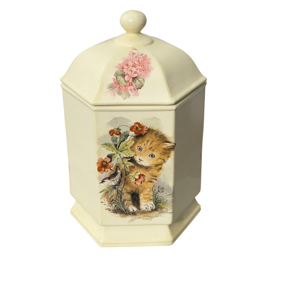 John Evans Kitten Ceramic Canister Vintage Cream Floral Cat Jar Hexagonal RARE